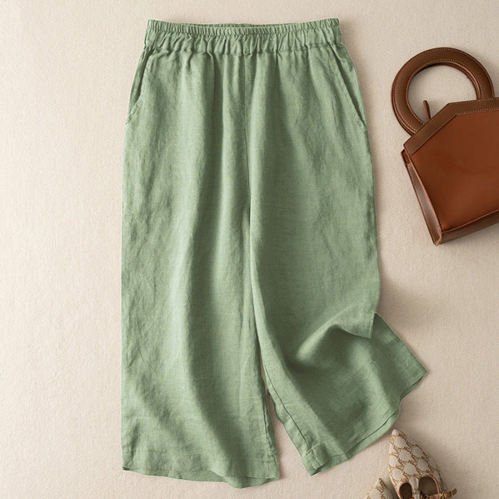 Women Seven Solid Color Loose Retro Casual Linen Wide-Leg Pants