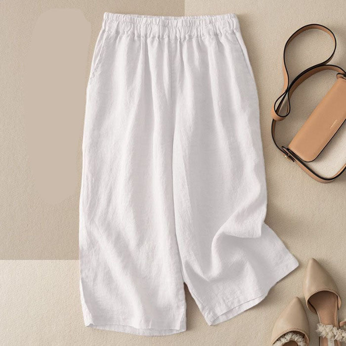 Women Seven Solid Color Loose Retro Casual Linen Wide-Leg Pants