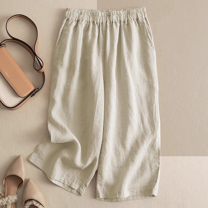 Women Seven Solid Color Loose Retro Casual Linen Wide-Leg Pants