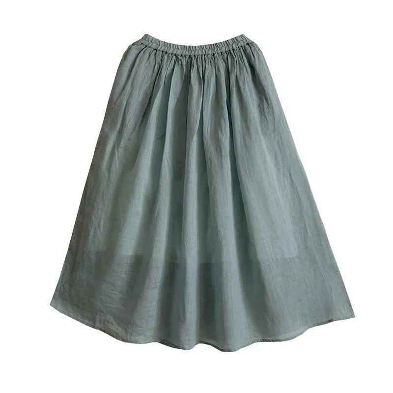 Women Solid Color Artistic Retro Cotton and Linen Skirt with Elastic Waist Mid-Length Skirts