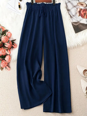 Women Stright Casual Style  Solid Color Polyester Wide-leg Pants