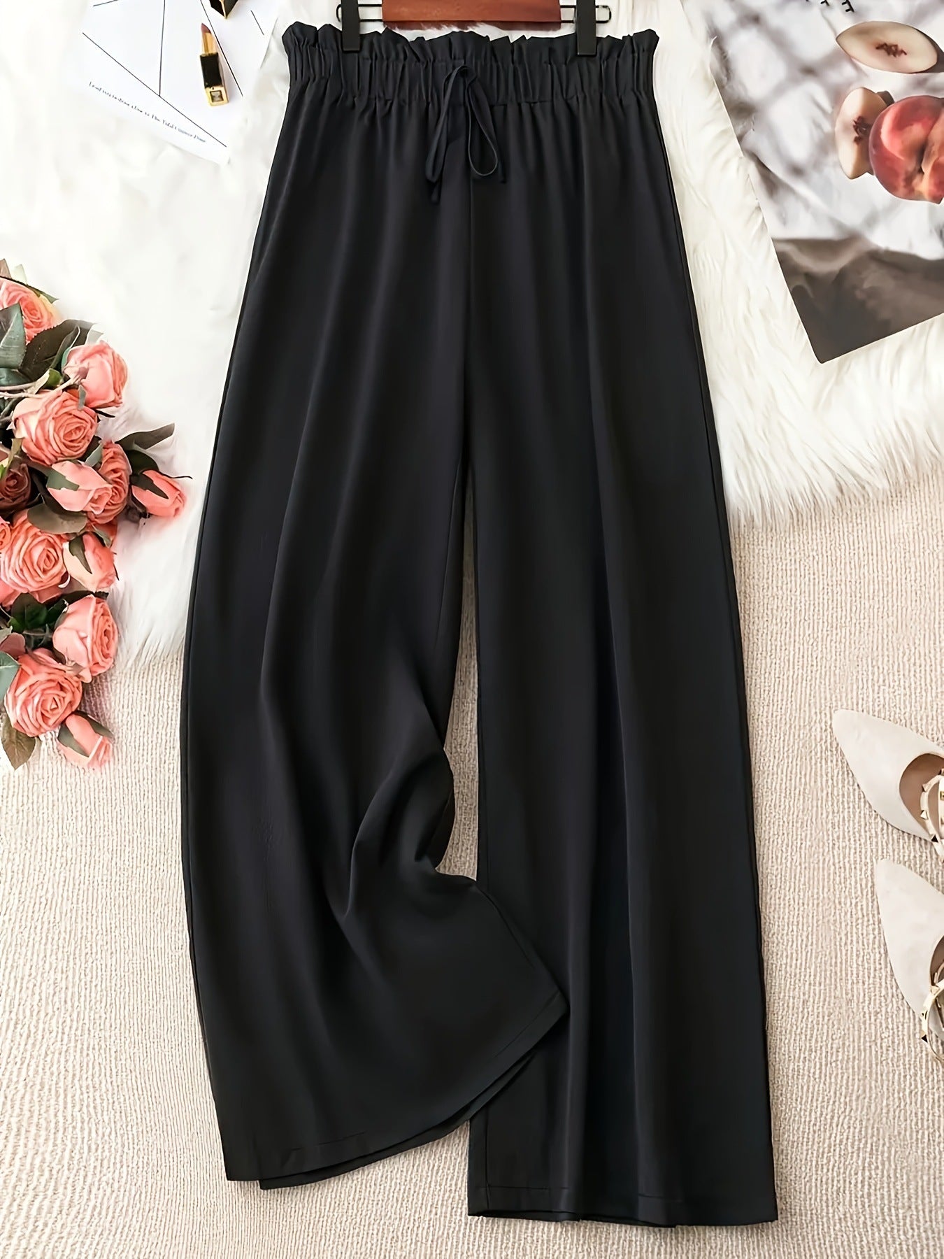 Women Stright Casual Style  Solid Color Polyester Wide-leg Pants