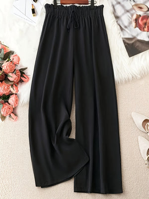 Women Stright Casual Style  Solid Color Polyester Wide-leg Pants