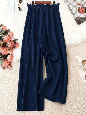 Women Stright Casual Style  Solid Color Polyester Wide-leg Pants