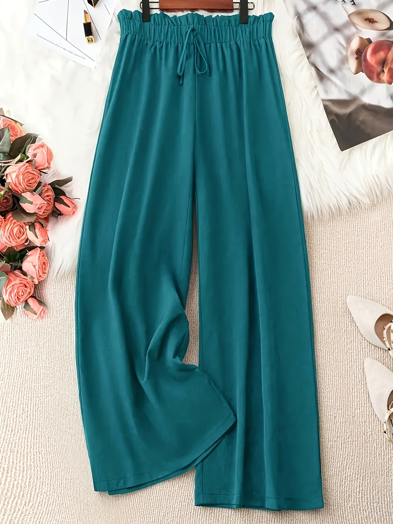 Women Stright Casual Style  Solid Color Polyester Wide-leg Pants