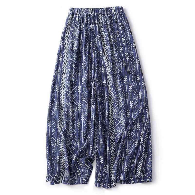 Women Thin Cotton and Linen Ethnic Style Loose Elastic Waist Straight Pants 