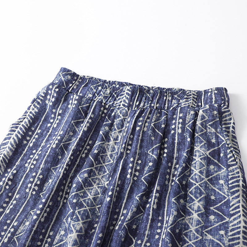 Women Thin Cotton and Linen Ethnic Style Loose Elastic Waist Straight Pants 