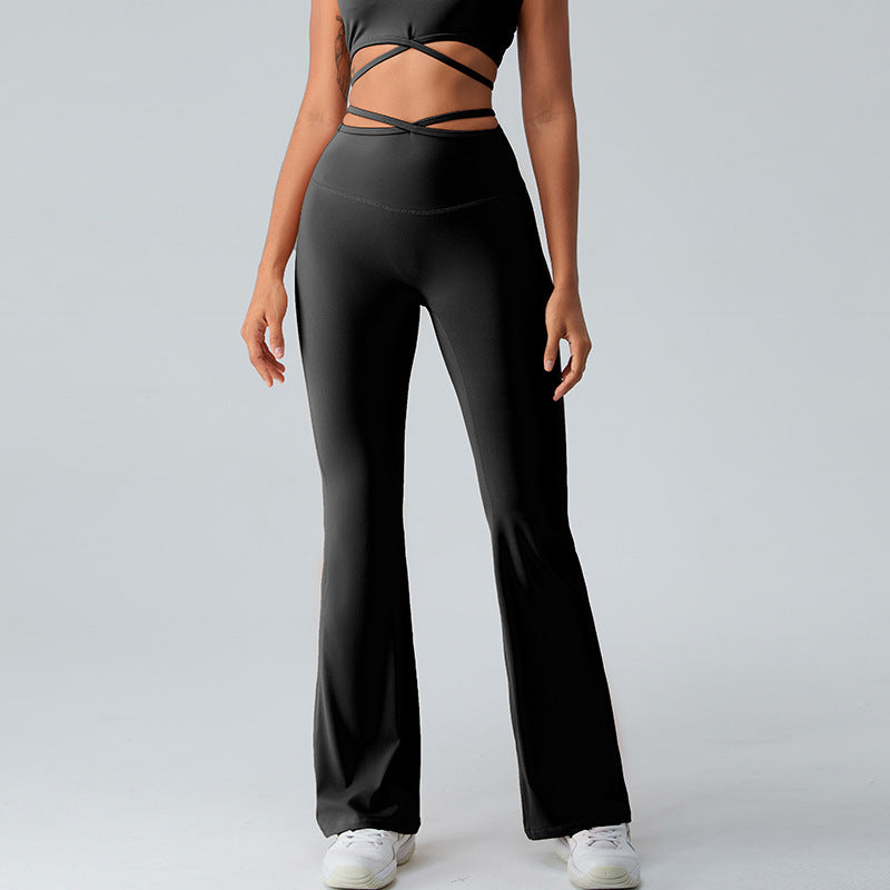 Women Yoga Solid Color Chinlon High-Waisted Wide-Leg Running Sports Fitness Leggings