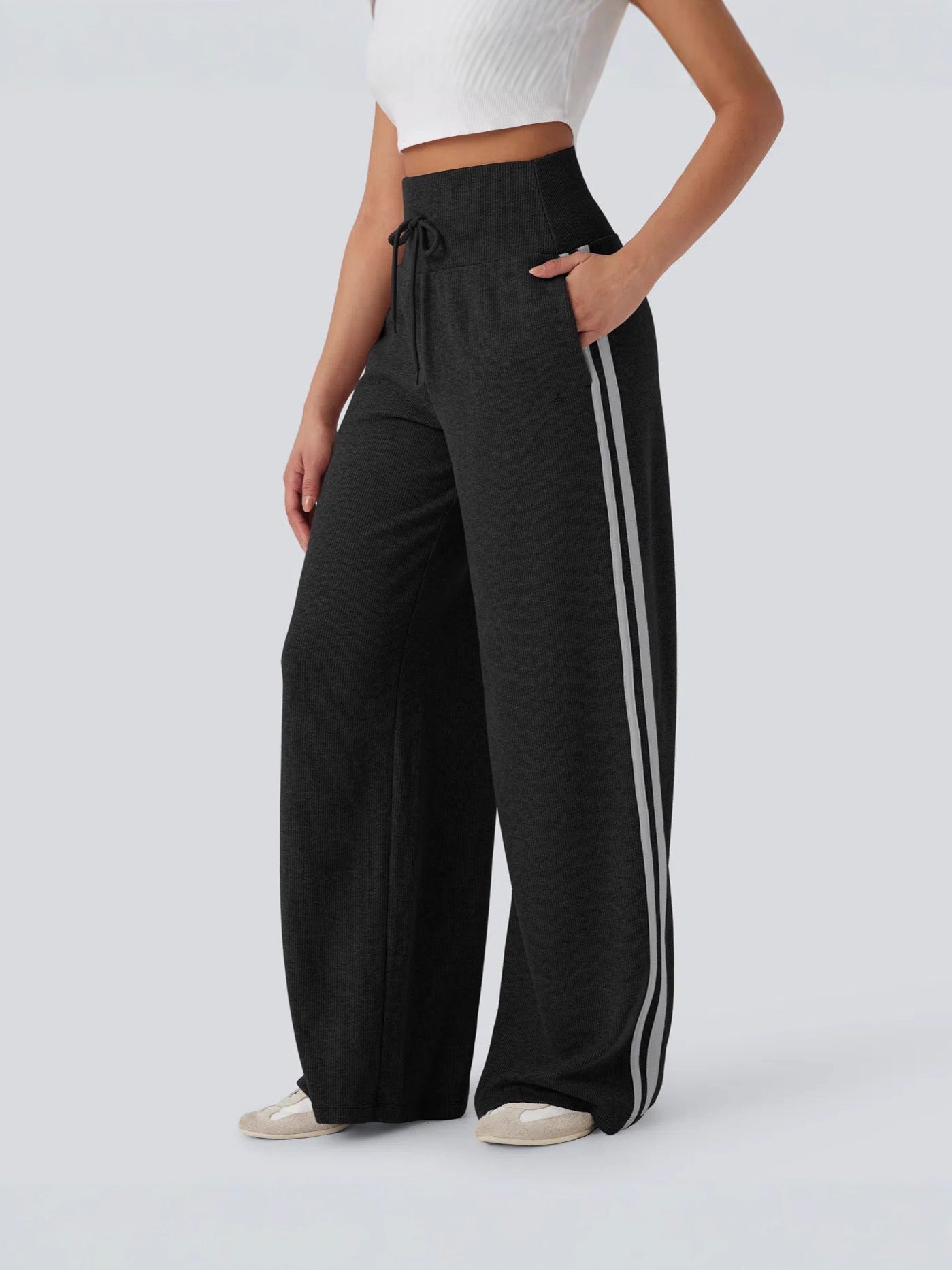 Women's Casual Solid Color Cotton High-Waisted Elastic Waist Wide-Leg Pants