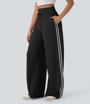 Women's Casual Solid Color Cotton High-Waisted Elastic Waist Wide-Leg Pants