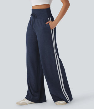 Women's Casual Solid Color Cotton High-Waisted Elastic Waist Wide-Leg Pants