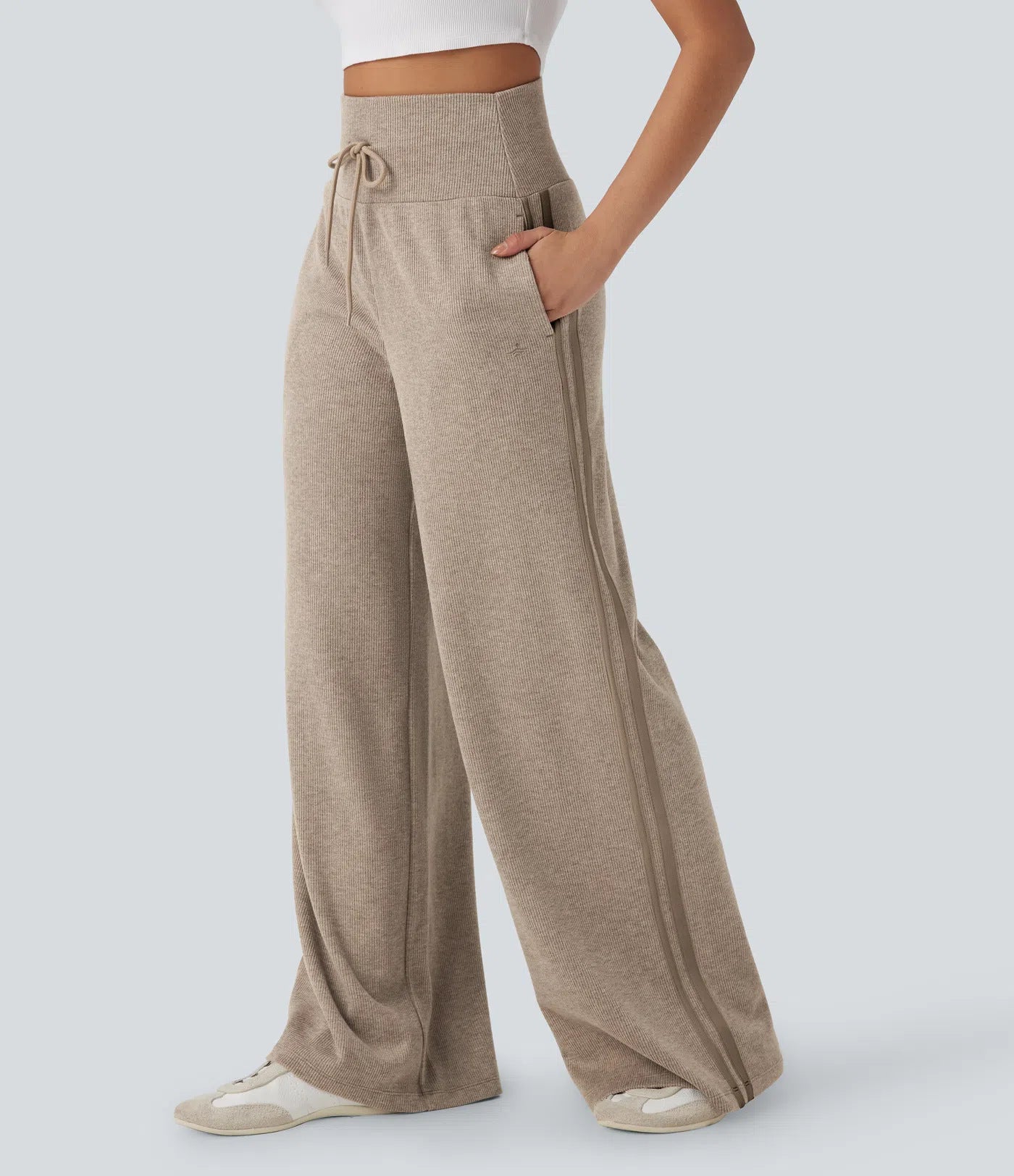 Women's Casual Solid Color Cotton High-Waisted Elastic Waist Wide-Leg Pants