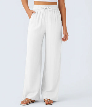 Women's Casual Style Cotton&Linen Wide-leg Elastic Waist Solid Color Pants