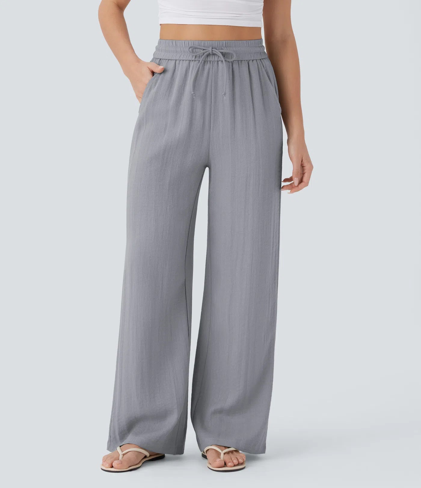 Women's Casual Style Cotton&Linen Wide-leg Elastic Waist Solid Color Pants