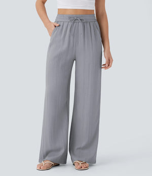Women's Casual Style Cotton&Linen Wide-leg Elastic Waist Solid Color Pants