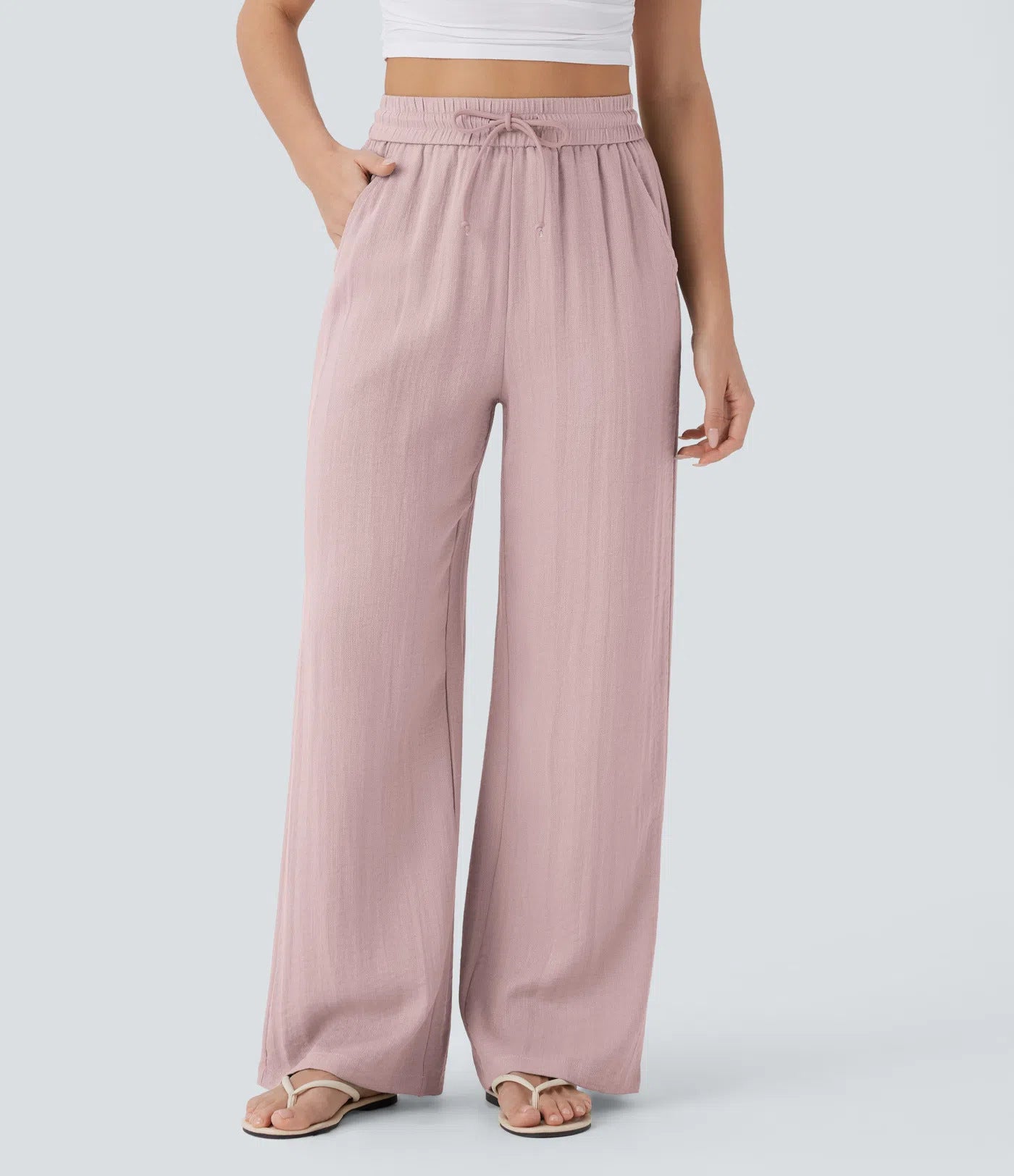 Women's Casual Style Cotton&Linen Wide-leg Elastic Waist Solid Color Pants