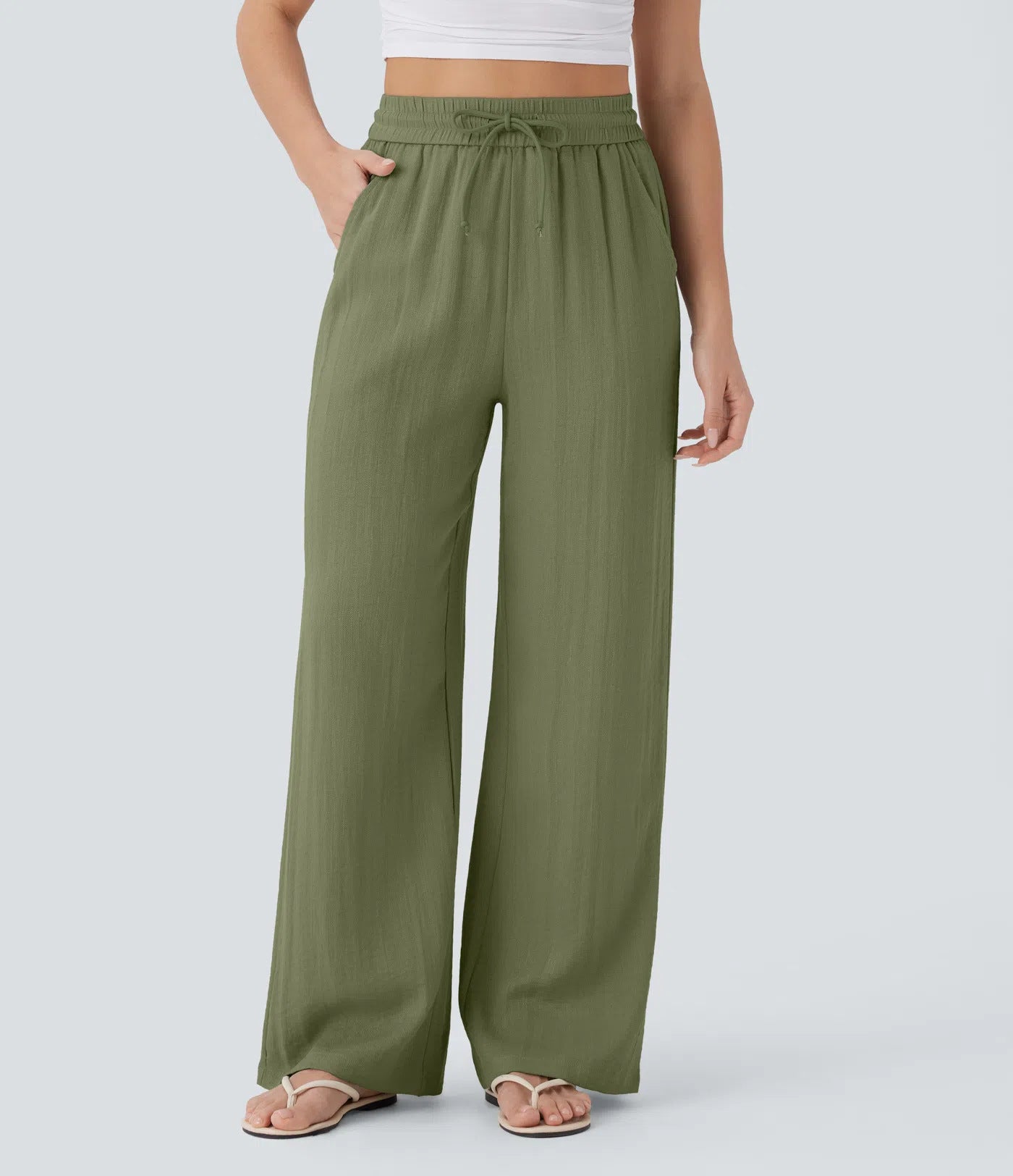 Women's Casual Style Cotton&Linen Wide-leg Elastic Waist Solid Color Pants