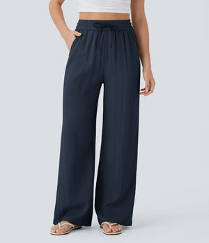 Women's Casual Style Cotton&Linen Wide-leg Elastic Waist Solid Color Pants