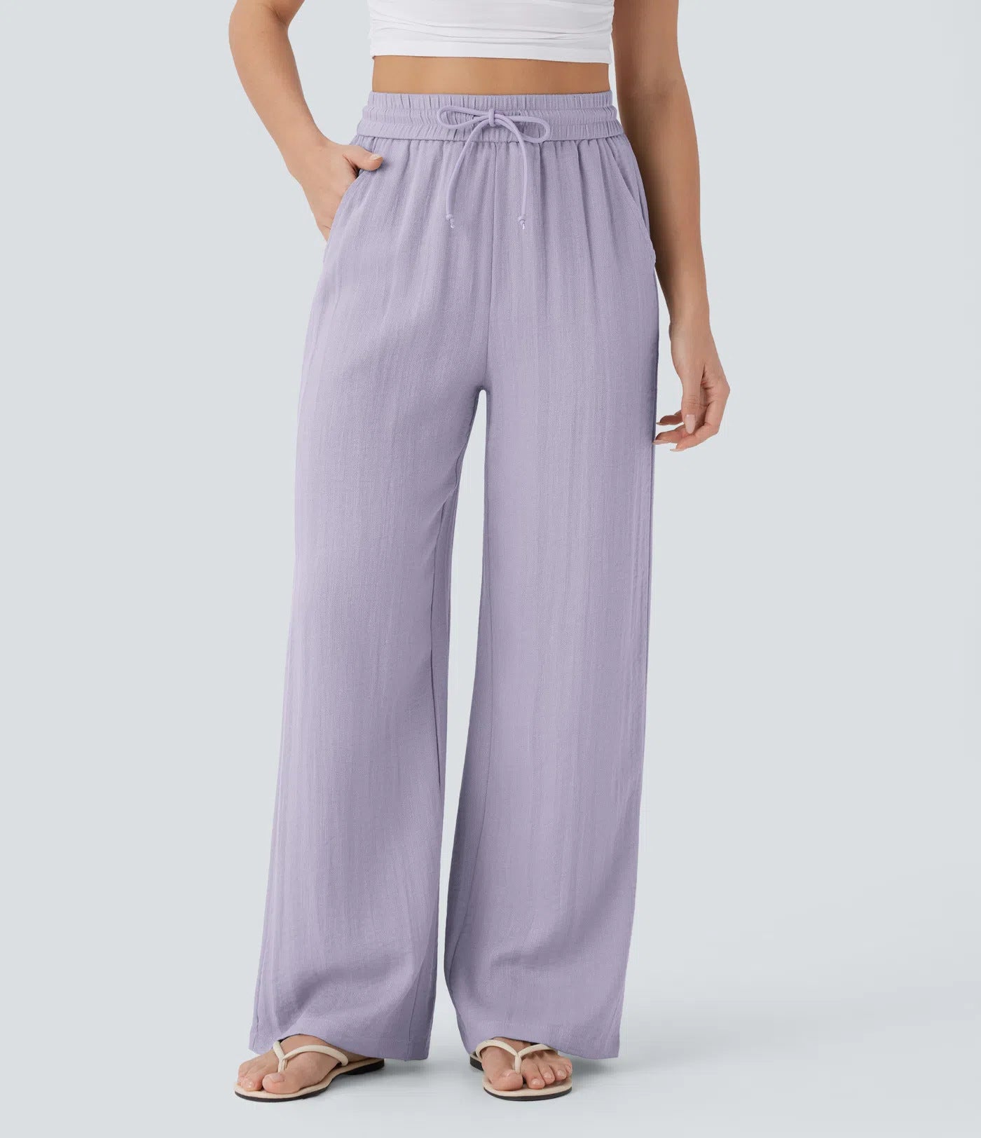 Women's Casual Style Cotton&Linen Wide-leg Elastic Waist Solid Color Pants