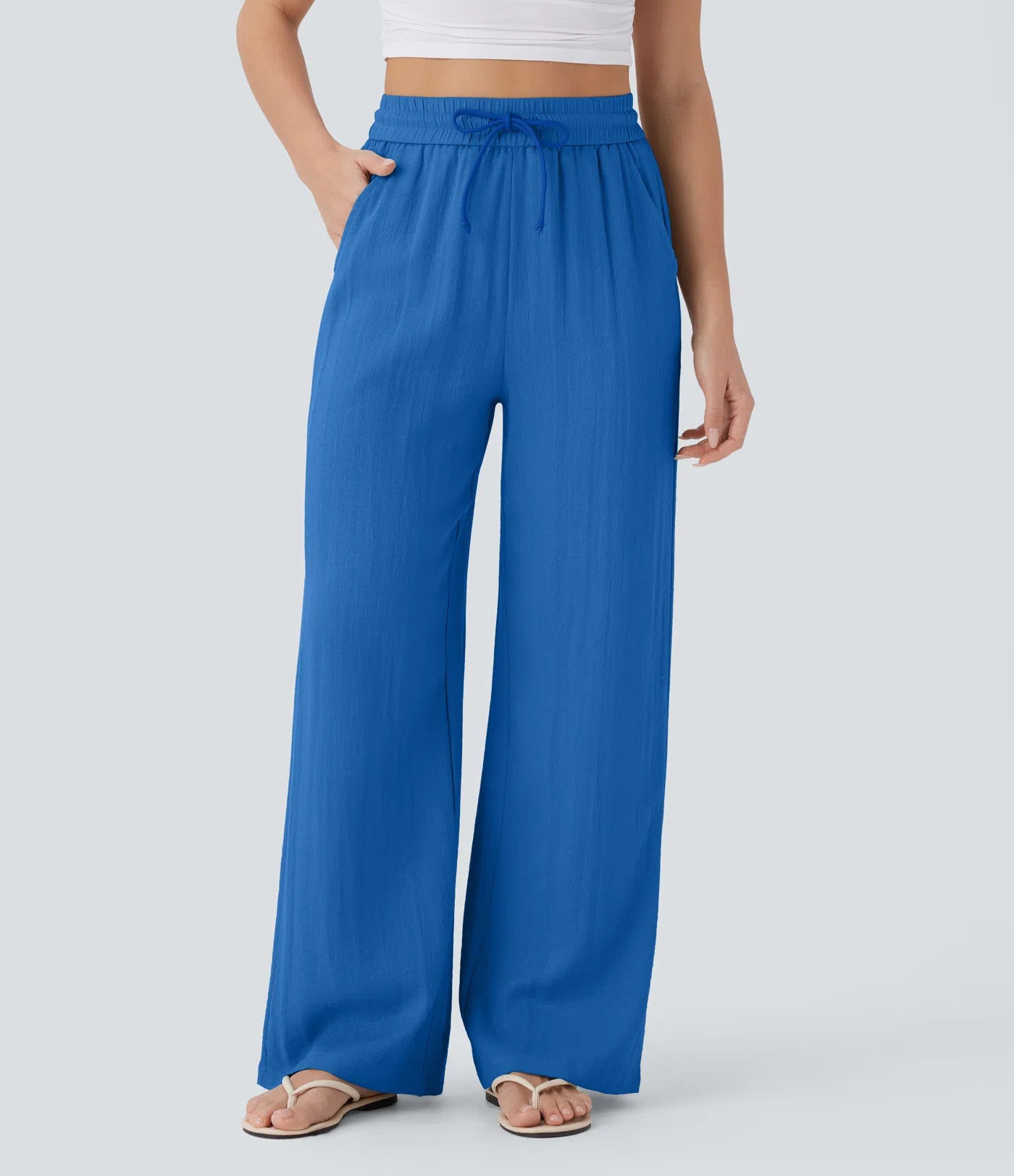 Women's Casual Style Cotton&Linen Wide-leg Elastic Waist Solid Color Pants