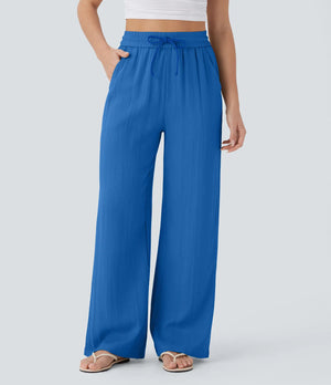Women's Casual Style Cotton&Linen Wide-leg Elastic Waist Solid Color Pants