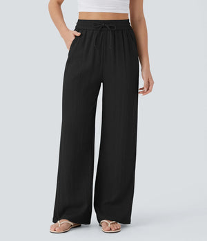 Women's Casual Style Cotton&Linen Wide-leg Elastic Waist Solid Color Pants