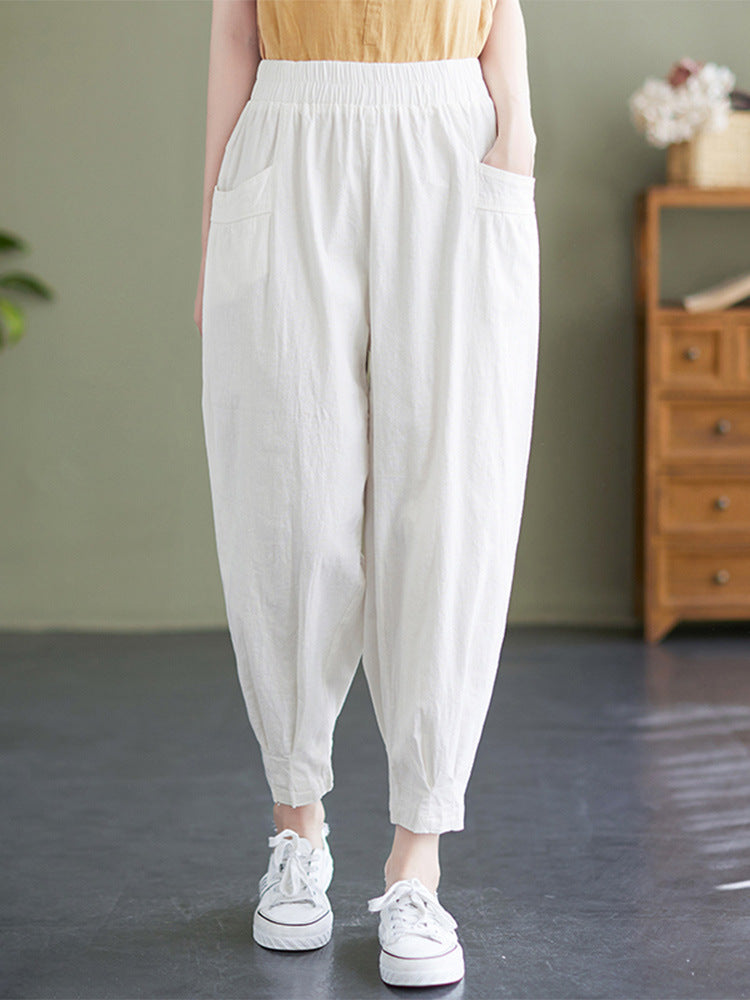 Women's Cropped Linen Harem Pants with Elastic Waistband 