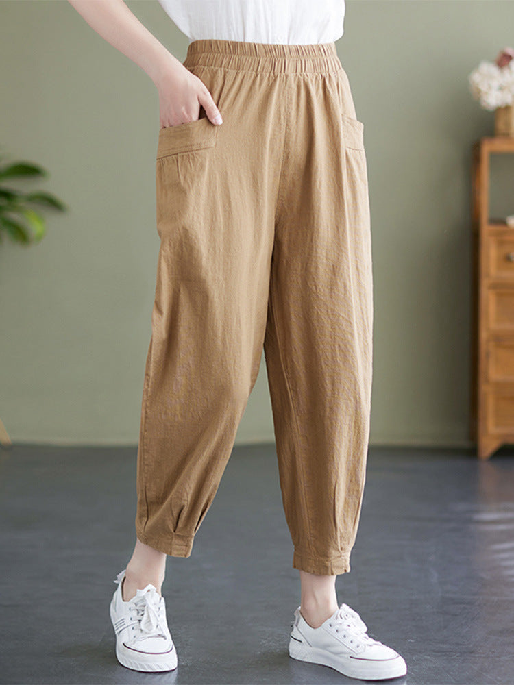 Women's Cropped Linen Harem Pants with Elastic Waistband 
