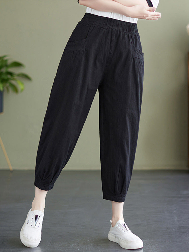 Women's Cropped Linen Harem Pants with Elastic Waistband 