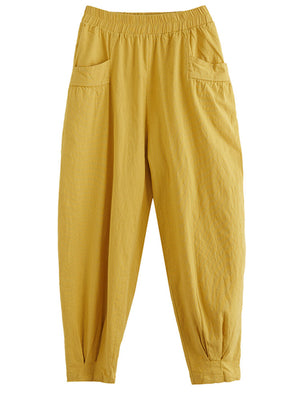 Women's Cropped Linen Harem Pants with Elastic Waistband 