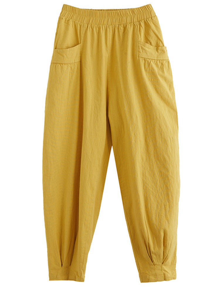 Women's Cropped Linen Harem Pants with Elastic Waistband 