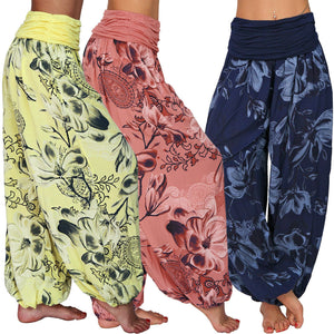 Women's Flower Printed Casual Style Cotton Wide Leg Harem Pants