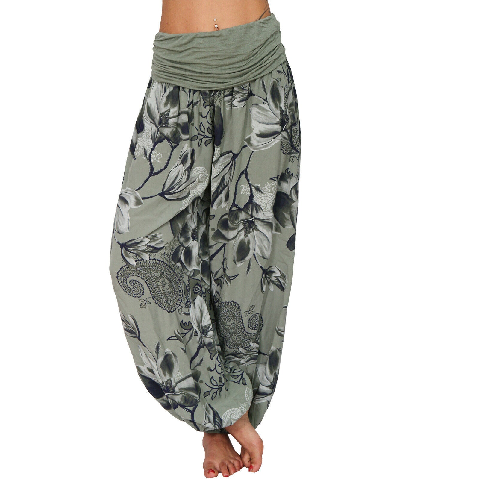 Women's Flower Printed Casual Style Cotton Wide Leg Harem Pants