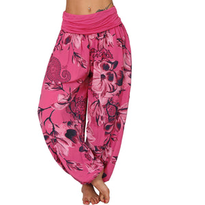 Women's Flower Printed Casual Style Cotton Wide Leg Harem Pants