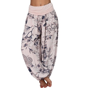 Women's Flower Printed Casual Style Cotton Wide Leg Harem Pants