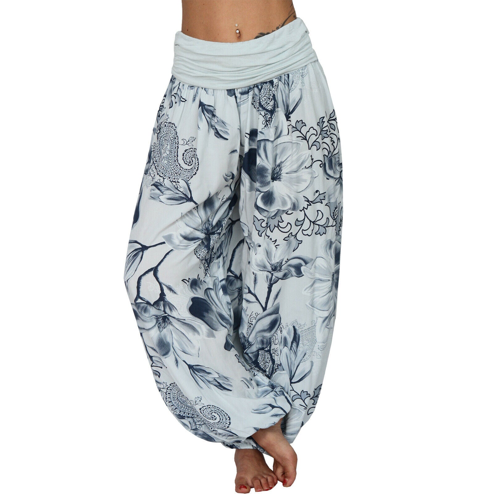Women's Flower Printed Casual Style Cotton Wide Leg Harem Pants