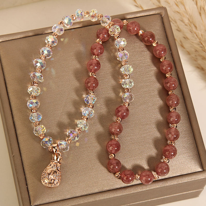 Strawberry quartz Bracelet multi-layer pink crystal money bag pendant